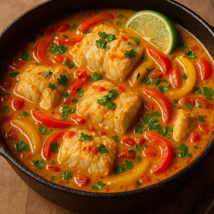 Moqueca de Peixe servita in padella di ghisa con pesce, peperoni e lime