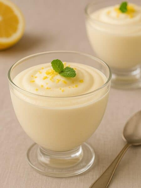 Mousse al limone in coppette con scorza e menta su tovaglia chiara