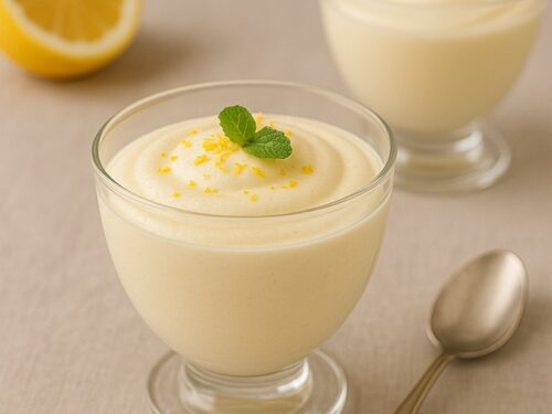 Mousse al limone in coppette con scorza e menta su tovaglia chiara