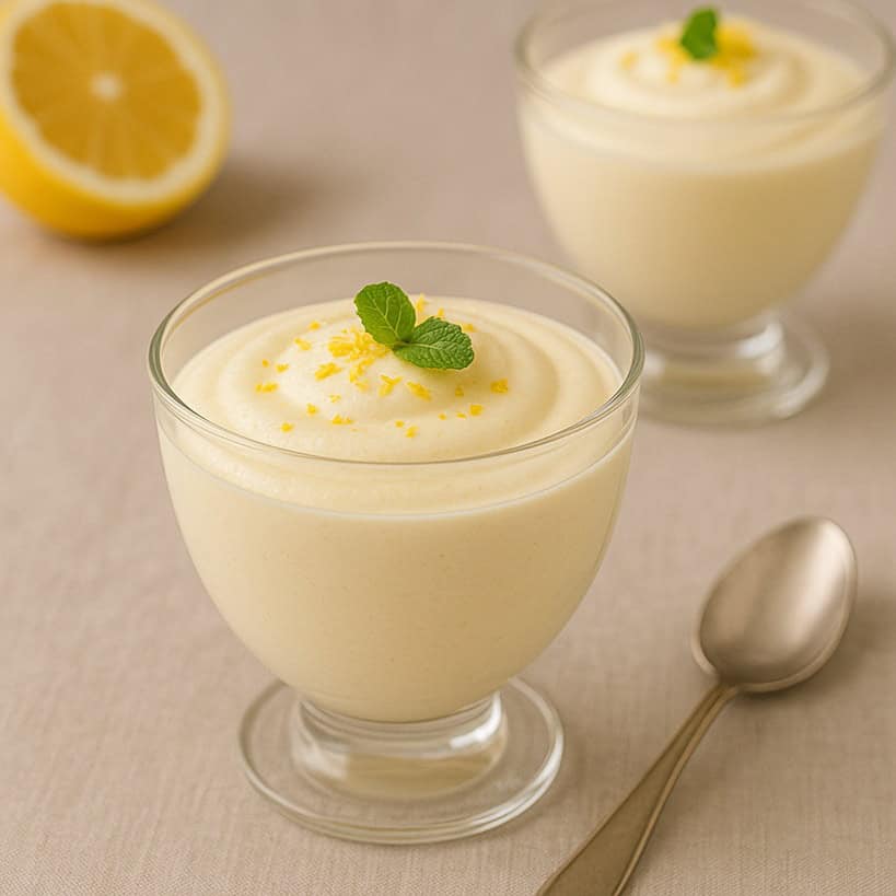 Mousse al limone in coppette con scorza e menta su tovaglia chiara