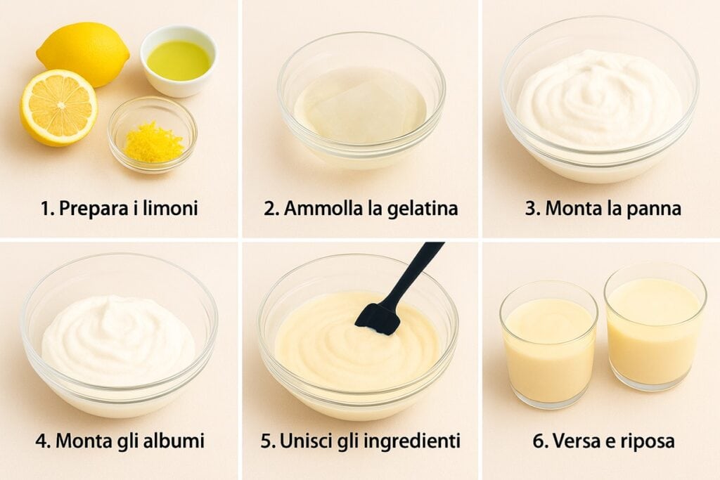 Sei fasi per preparare la mousse al limone illustrate con immagini chiare e didascalie in italiano
