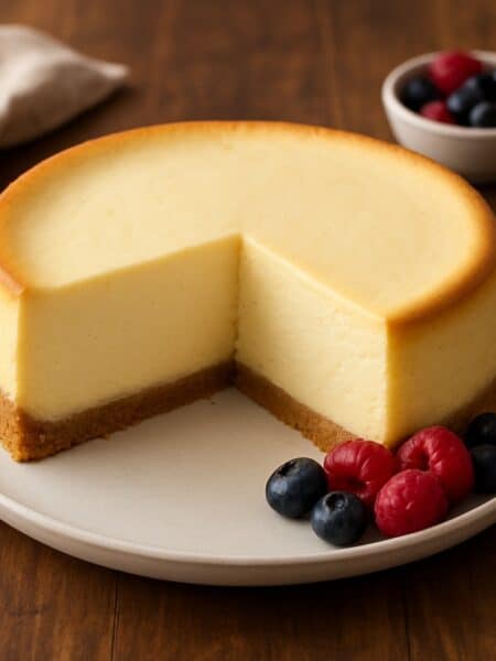 New York Cheesecake intera con una fetta tagliata e frutti di bosco sul lato