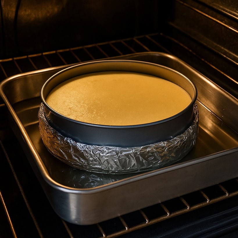 New York Cheesecake durante la cottura nel forno a bagnomaria