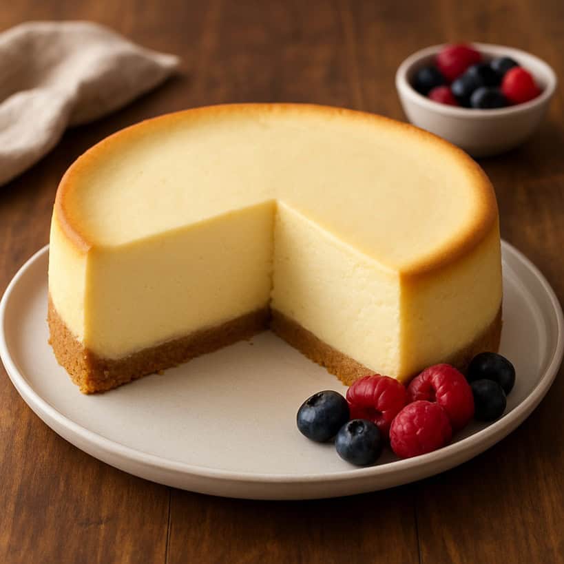 New York Cheesecake intera con una fetta tagliata e frutti di bosco sul lato