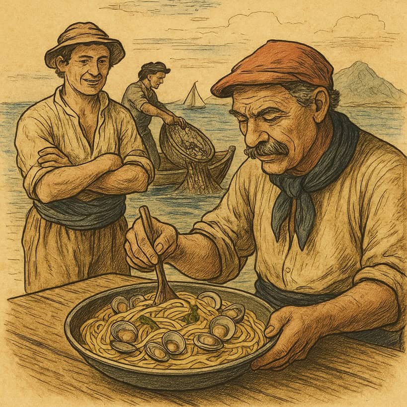 Illustrazione d’epoca con pescatori che preparano spaghetti alle vongole sulla costa