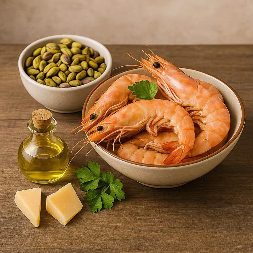 Ambientazione mediterranea con ciotola di pistacchi e piatto di gamberi freschi su tavolo rustico