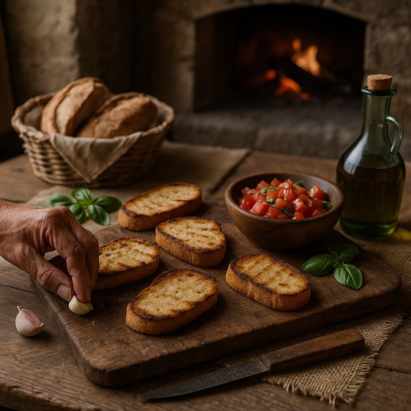 Bruschette al pomodoro preparate in cucina contadina con forno a legna