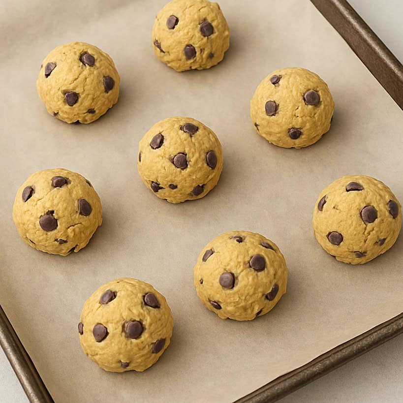 Palline perfette di impasto crumbl cookie disposte su teglia