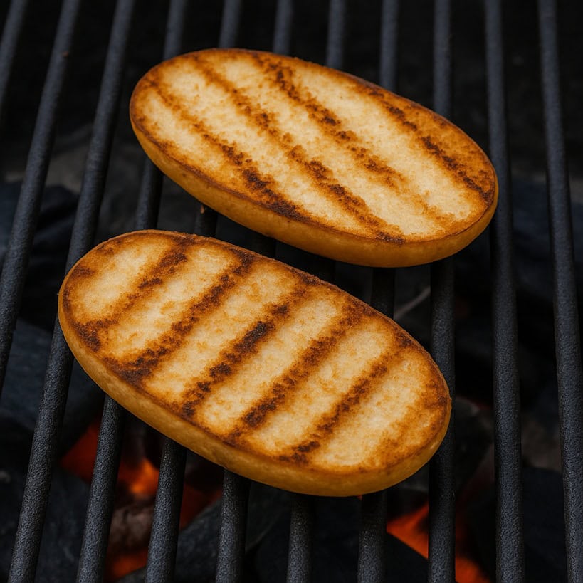 Due metà di panino tostato sulla brace con marcature evidenti da griglia