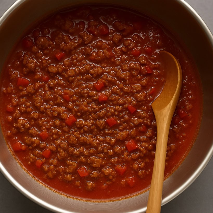 Carne rosolata uniformemente in una pentola d'acciaio mentre si versa la passata di pomodoro per preparare il chili con carne tex-mex