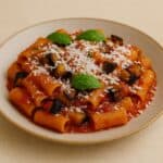 Piatto di pasta alla Norma con melanzane fritte, sugo di pomodoro e ricotta salata grattugiata