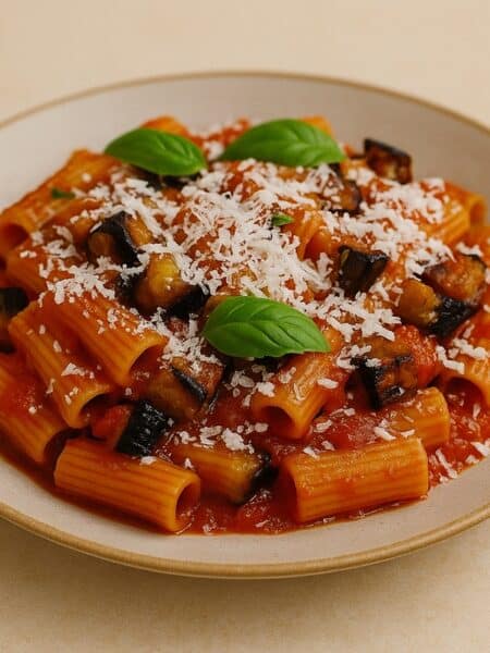 Piatto di pasta alla Norma con melanzane fritte, sugo di pomodoro e ricotta salata grattugiata