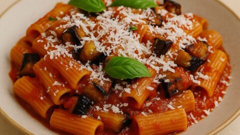 Piatto di pasta alla Norma con melanzane fritte, sugo di pomodoro e ricotta salata grattugiata