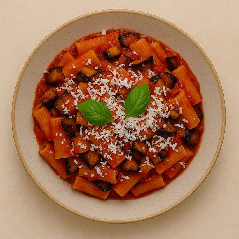 Rigatoni alla Norma con melanzane fritte e ricotta salata grattugiata, visti dall’alto