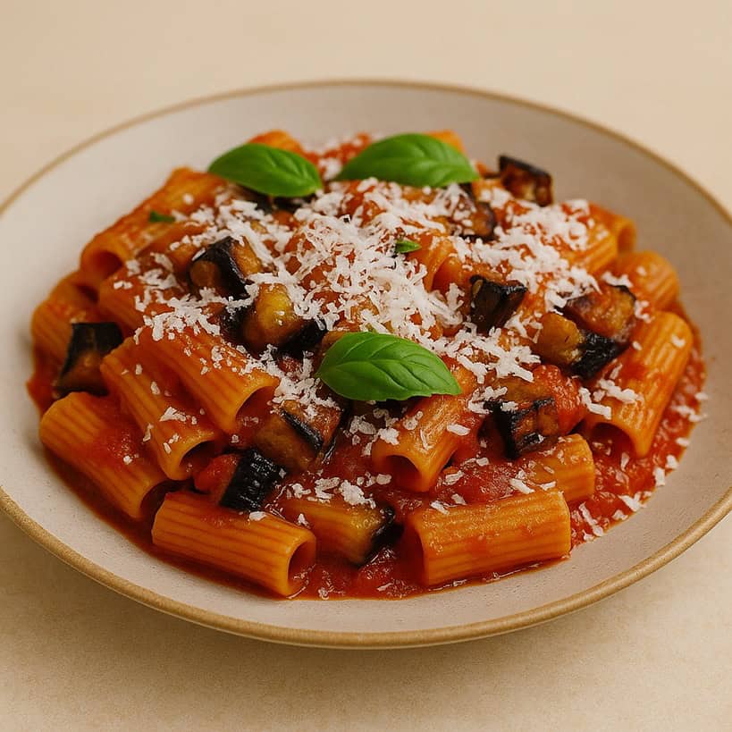 Piatto di pasta alla Norma con melanzane fritte, sugo di pomodoro e ricotta salata grattugiata