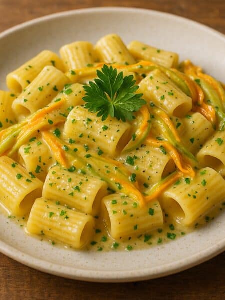 Pasta con fiori di zucca cremosa