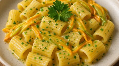 Pasta con fiori di zucca cremosa