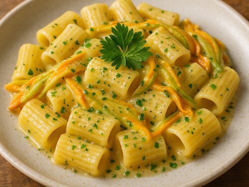 Pasta con fiori di zucca cremosa