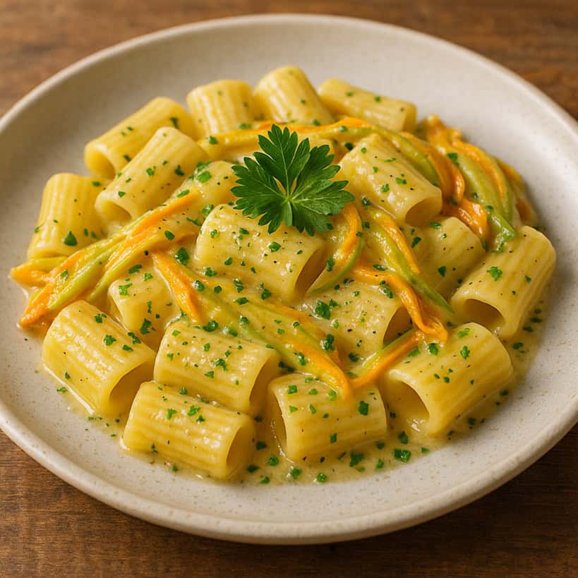 Pasta con fiori di zucca cremosa