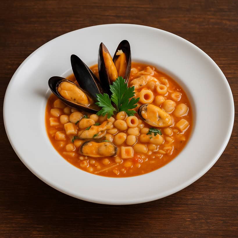 Pasta e fagioli con le cozze servita in un piatto fondo bianco su sfondo rustico in legno