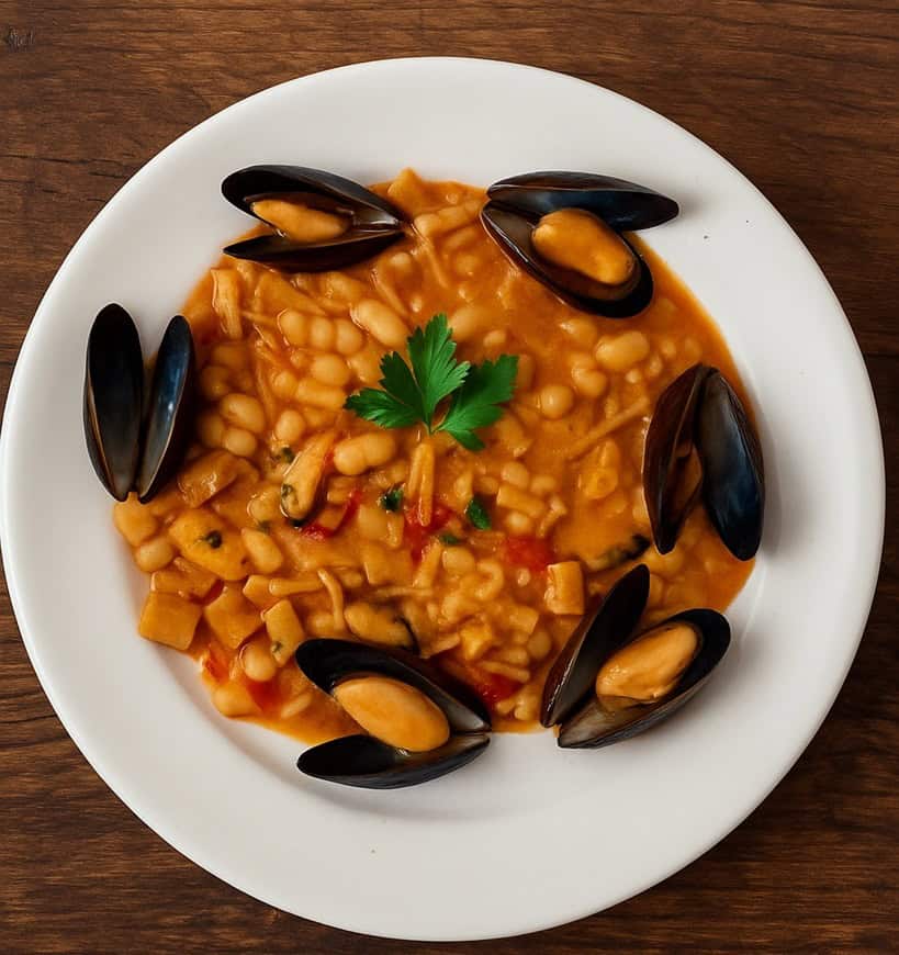 Pasta e fagioli con cozze alla napoletana servita con cozze intere, pasta mista, crema di fagioli e prezzemolo fresco