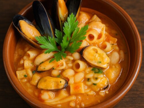 Pasta e fagioli con cozze servita in un tegamino di terracotta, decorata con prezzemolo fresco