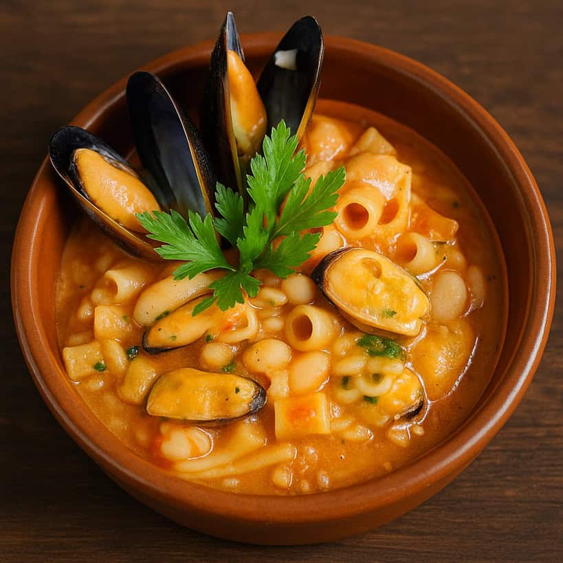 Pasta e fagioli con cozze servita in un tegamino di terracotta, decorata con prezzemolo fresco