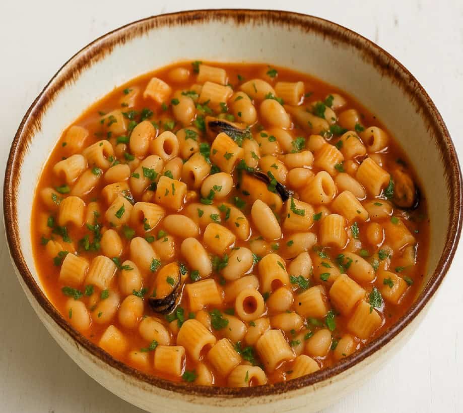Piatto rustico di pasta e fagioli con le cozze
