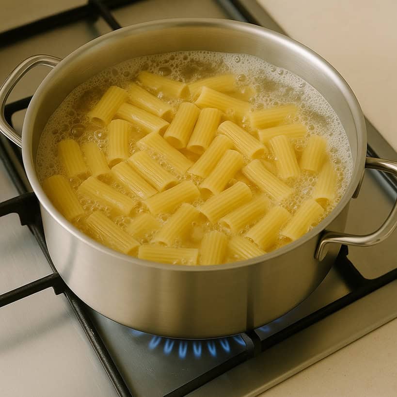 Rigatoni che cuociono in acqua bollente in una pentola su fornello a gas