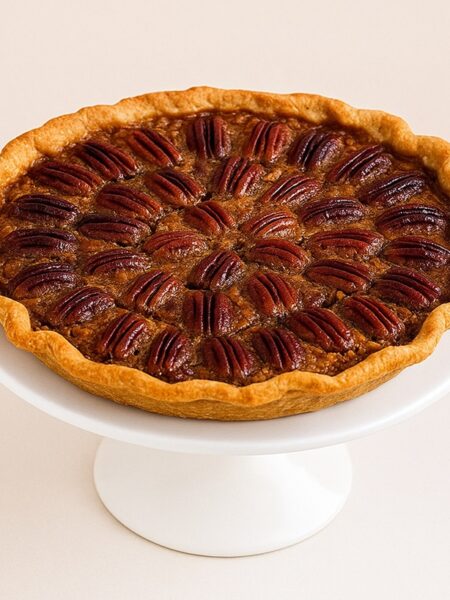 Pecan Pie con noci pecan caramellate su alzata bianca