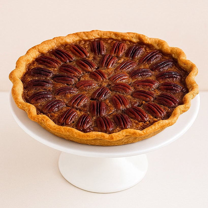 Pecan Pie con noci pecan caramellate su alzata bianca