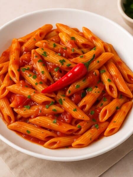 Penne all’arrabbiata con salsa di pomodoro e un peperoncino rosso decorativo