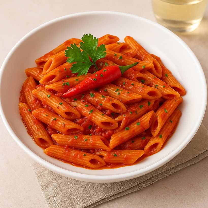 Penne all’arrabbiata servite in piatto bianco con peperoncino e ciuffo di prezzemolo fresco