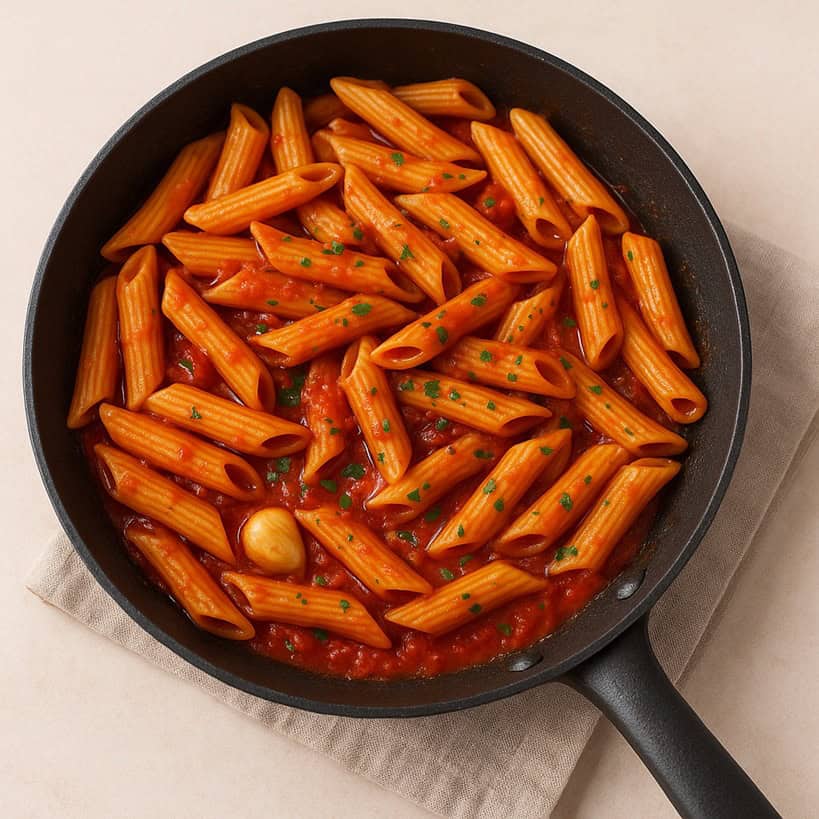 Penne all’arrabbiata saltate in padella con aglio, sugo e prezzemolo