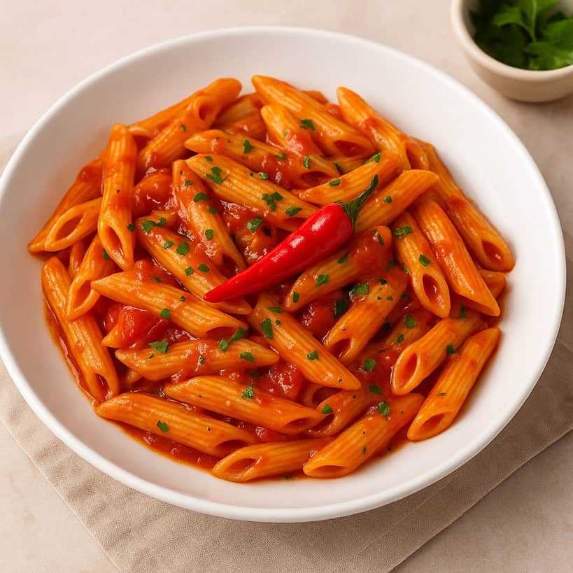 Penne all’arrabbiata con salsa di pomodoro e un peperoncino rosso decorativo