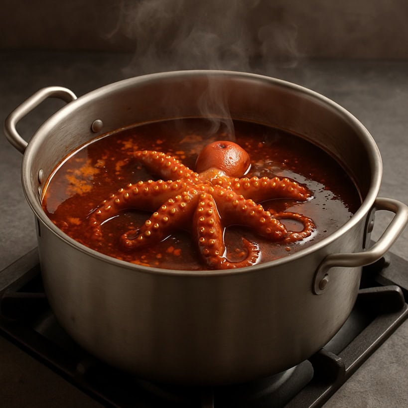 Pentolone in acciaio con polpo intero immerso nel brodo caldo.