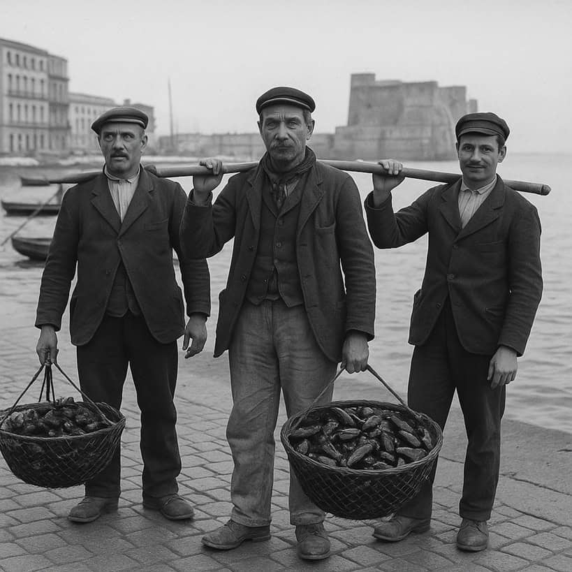Fotografia storica in bianco e nero con pescatori napoletani e ceste di cozze.