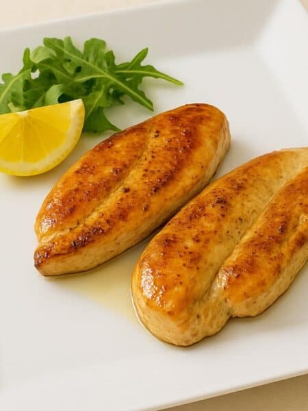 Fettine di petto di pollo in padella dorate e lucide, servite con rucola e limone