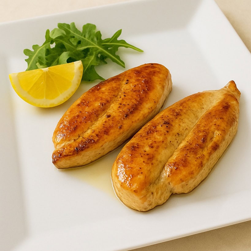 Fettine di petto di pollo in padella dorate e lucide, servite con rucola e limone