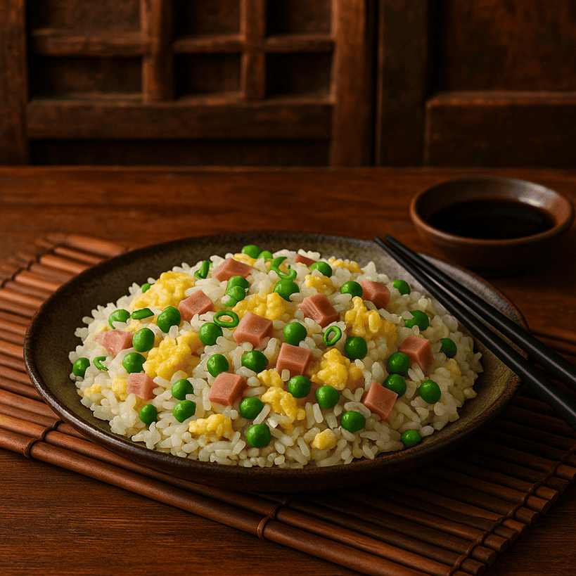 Riso cantonese servito con bacchette su tavolo in stile cinese