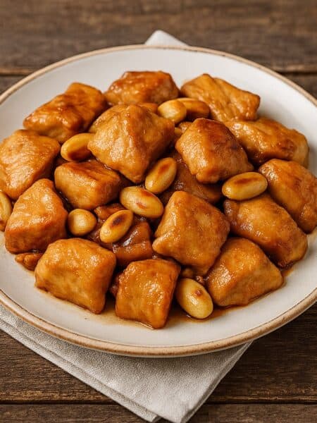 Pollo alle mandorle impiattato con mandorle tostate su piatto rustico chiaro