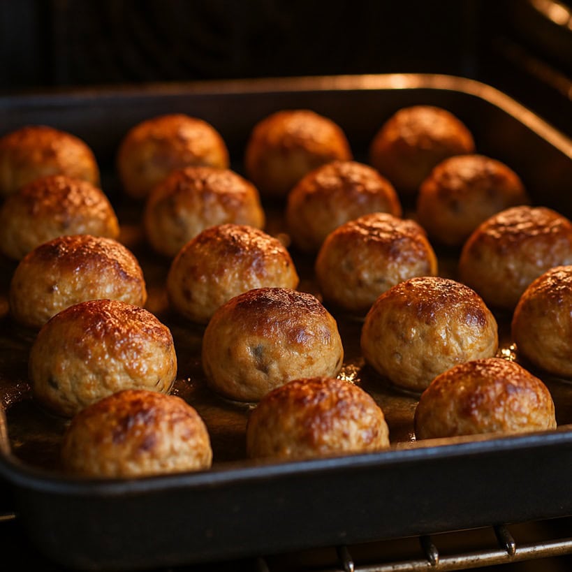 Polpette di carne cotte al forno disposte in una teglia rettangolare