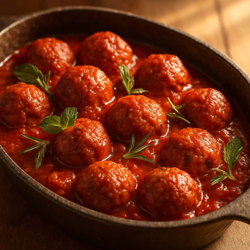 Polpette di carne al sugo immerse in salsa di pomodoro in una padella di ghisa