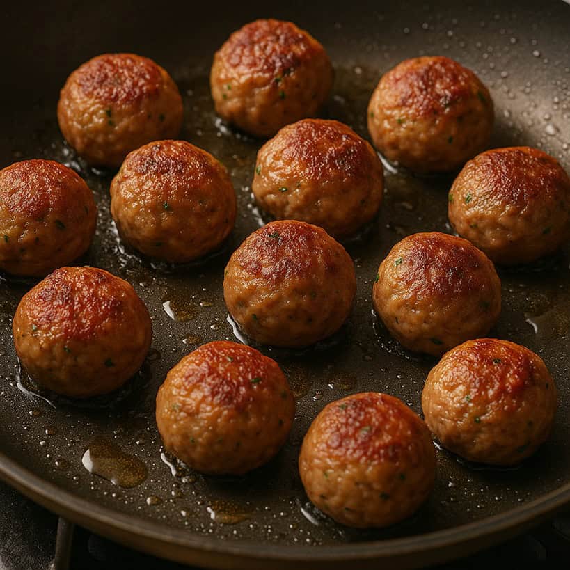 Polpette dorate in padella con poco olio visibile sul fondo
