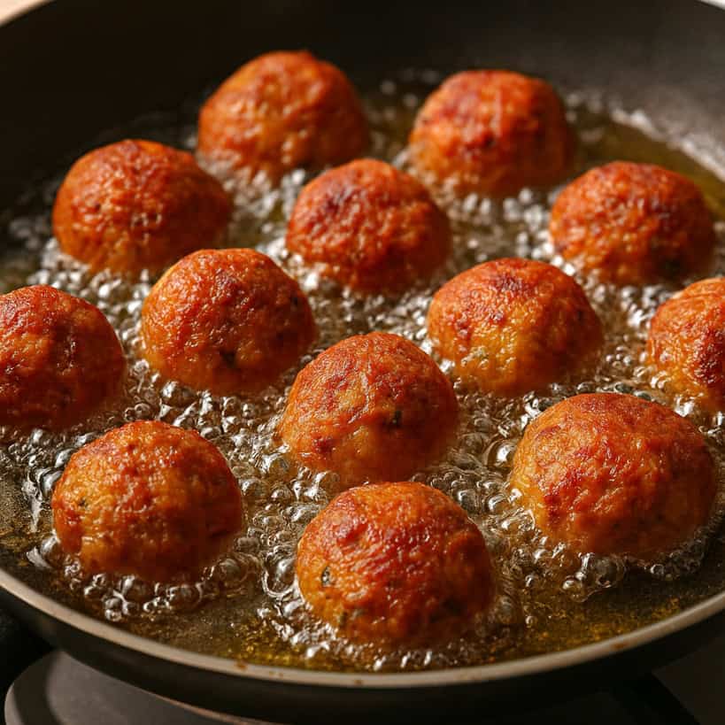 Polpette di carne che friggono in olio bollente