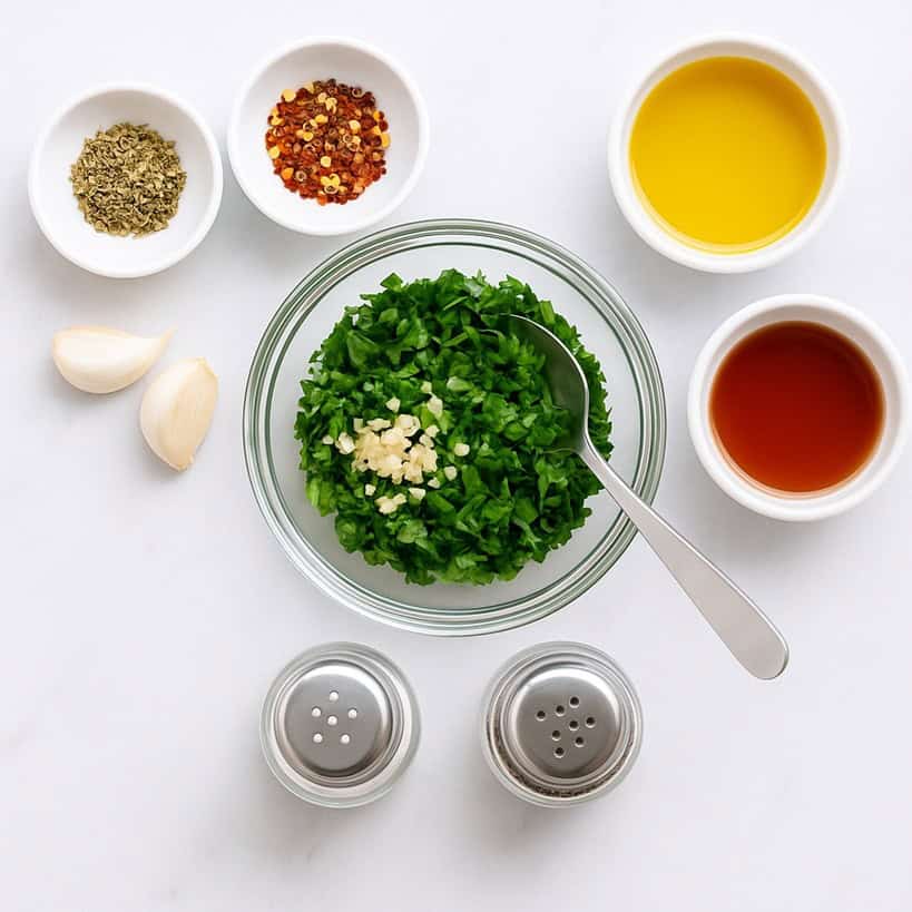 Ingredienti per chimichurri disposti ordinatamente su fondo chiaro