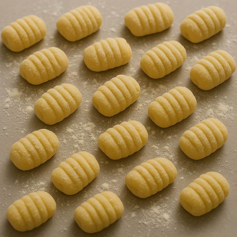 Gnocchi di patate fatti in casa tagliati a mano su spianatoia infarinata