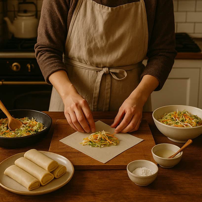 Mani che preparano involtini primavera con verdure in una cucina tradizionale