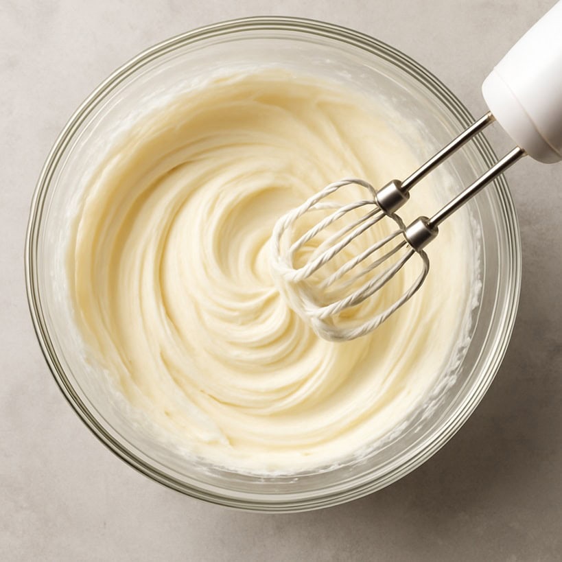 Frosting montato in una ciotola di vetro con fruste elettriche su piano chiaro