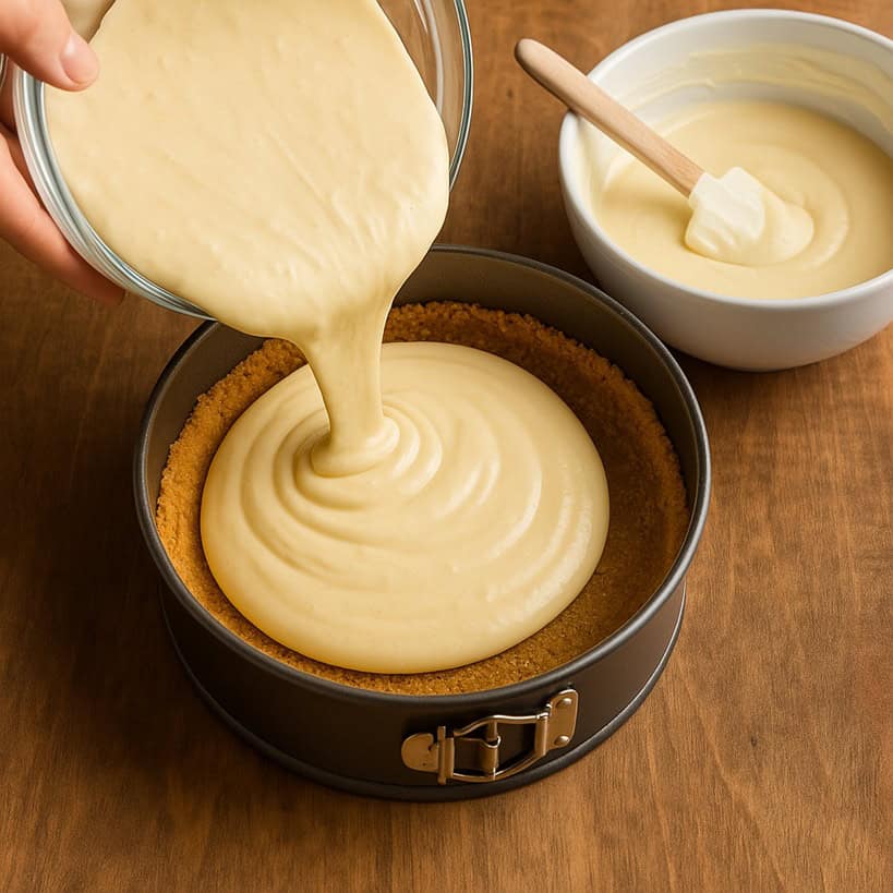 Impasto della cheesecake versato nello stampo con base di biscotto graham